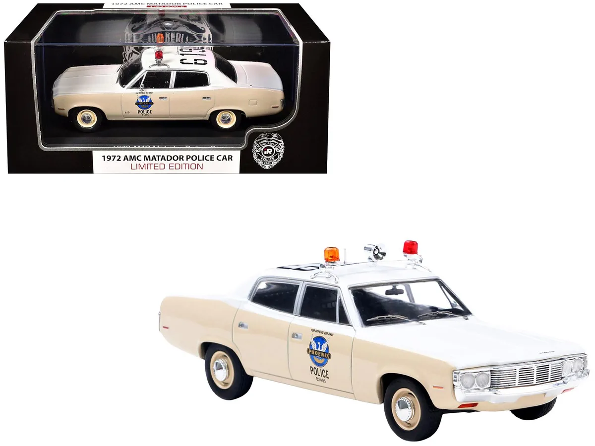 Iconic Replicas Iconic Replicas 1972 AMC Matador Police Car Phoenix Police Department White Beige 1/43 Diecast — product photo