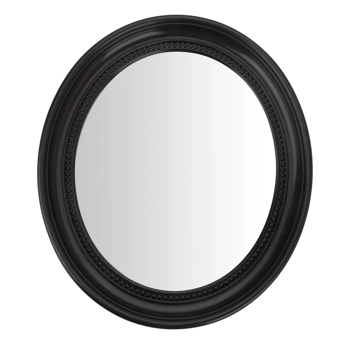 Black oval wall mirror with beaded frame 15.2 by 13.2 inches