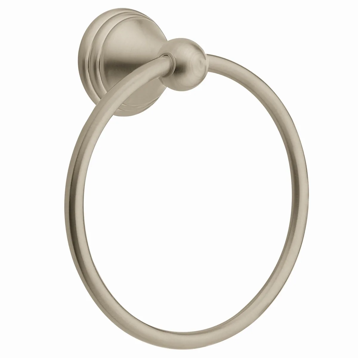 Brushed nickel towel ring with open arm design