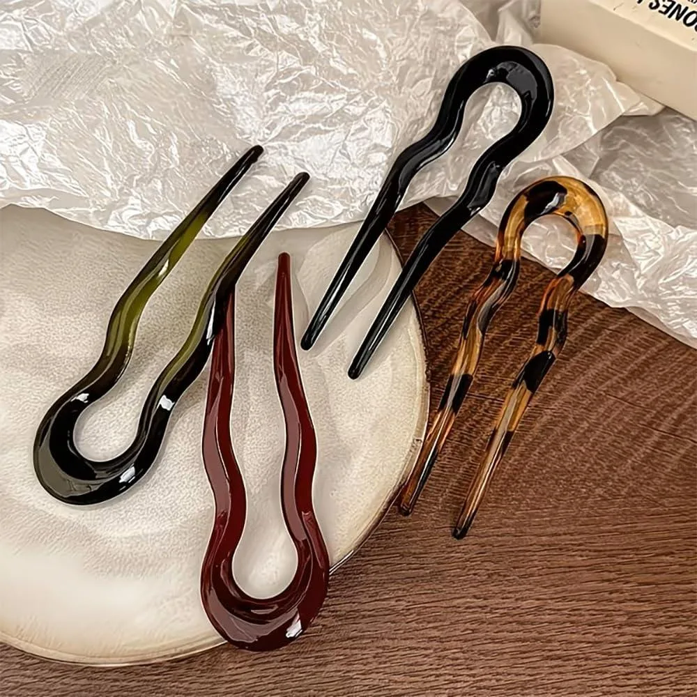  SINSEN Acrylic U-Shaped Hair Pins 4PCS Black Green Red Yellow — product photo
