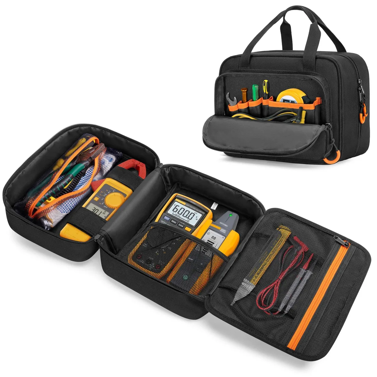 Black nylon carrying bag with handle and multiple pockets for Fluke 325 clamp multimeter