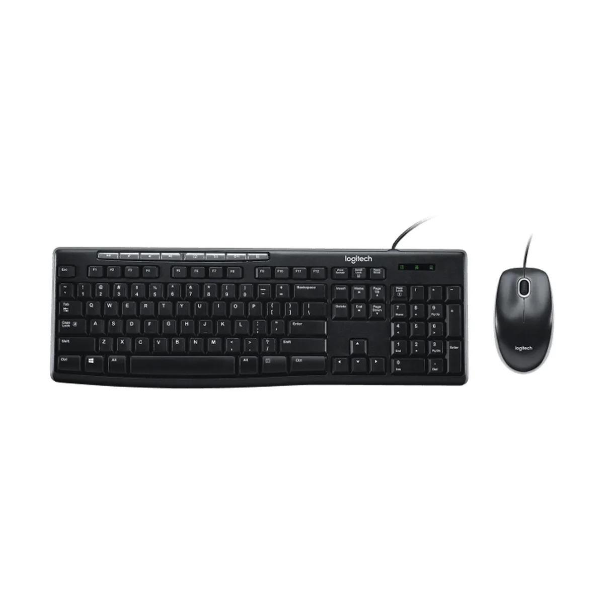 Black wired keyboard and mouse set, full-size keyboard with numeric keypad, compact optical mouse, matte finish