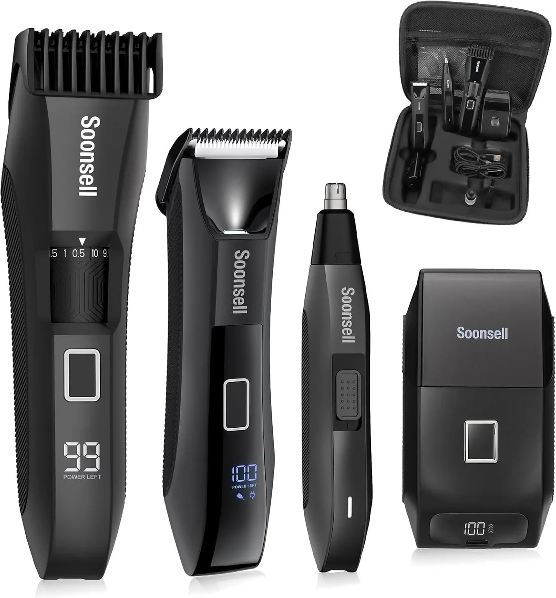 TAURKENAM 4-in-1 grooming kit with four interchangeable heads and LED display