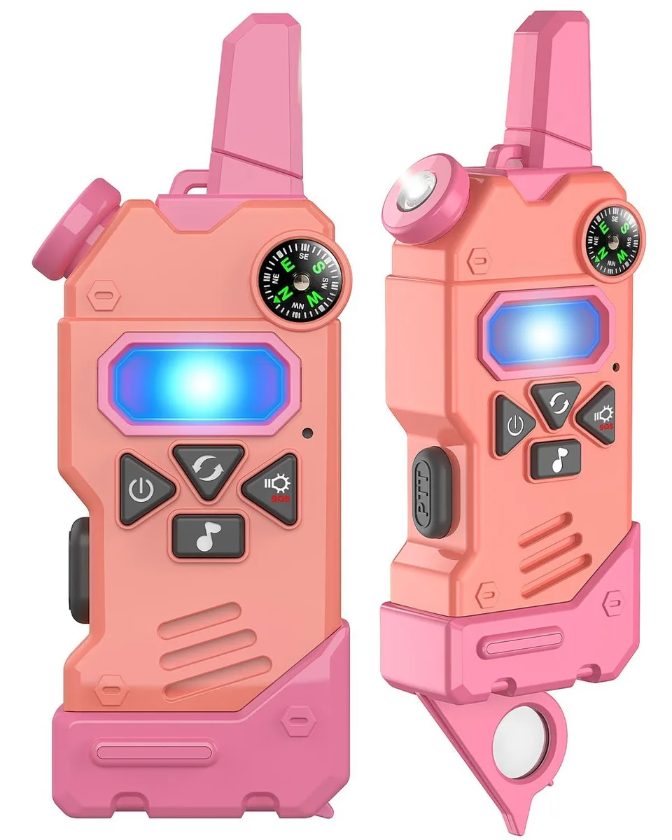 Small colourful two-way radio with built-in flashlight compass and magnifying glass