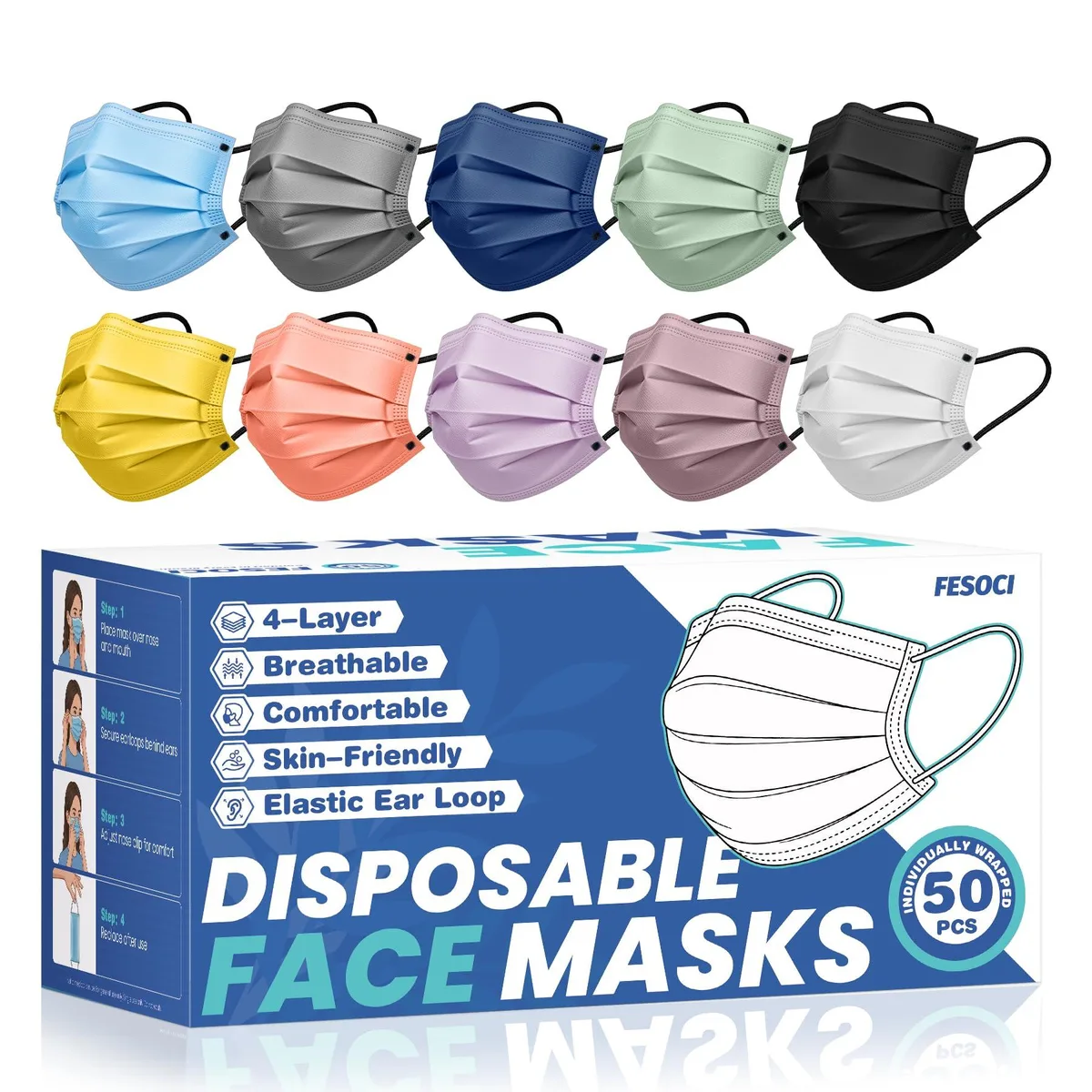  FESOCI 10 Color 4-Ply Disposable Face Masks 50 Pack Individually Wrapped — product photo
