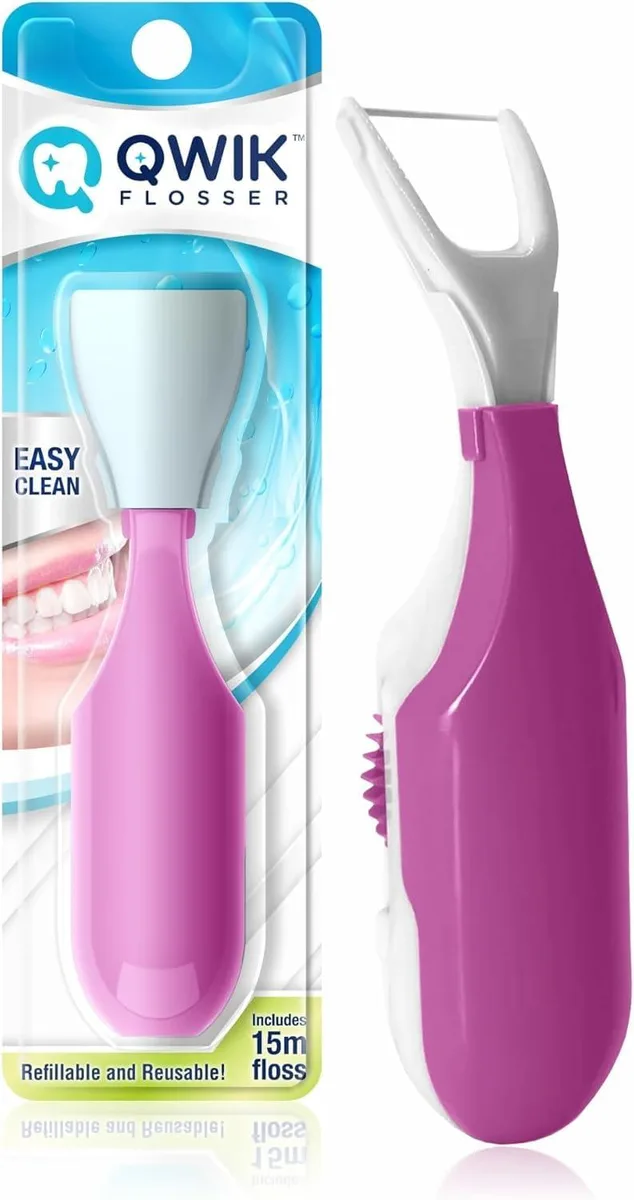 White reusable flosser with click mechanism and travel cover