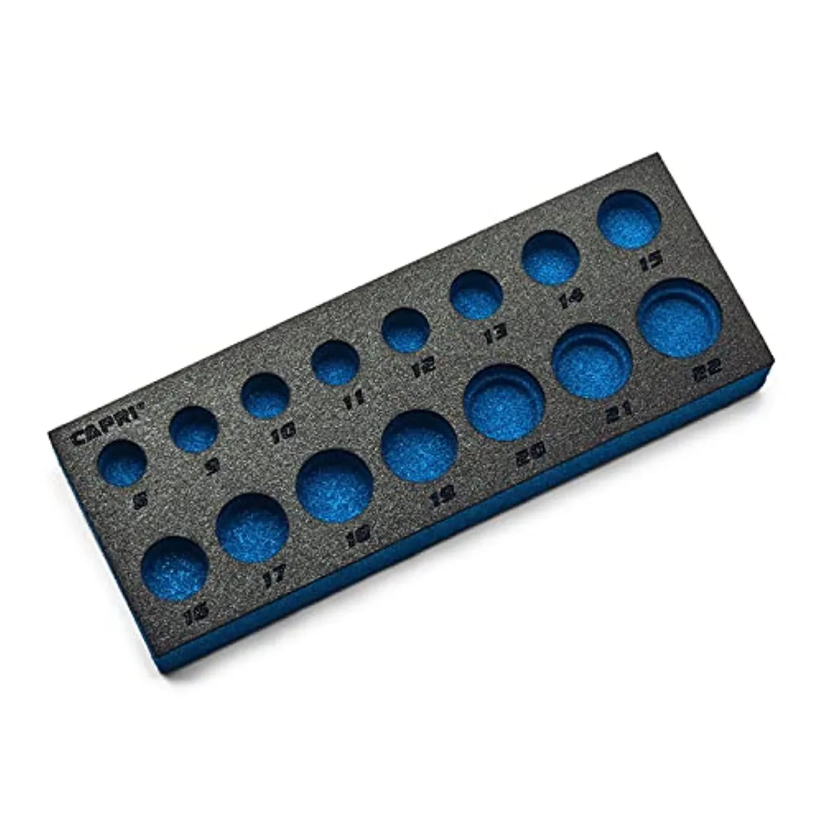 Black plastic socket tray with 15 labeled slots for 8 to 22 mm sockets