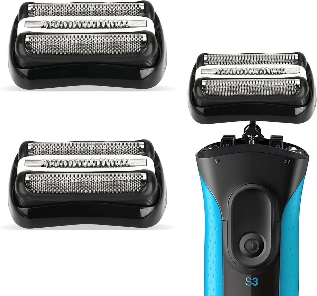 Two silver Braun Series 3 shaver heads with stainless steel mesh foils and 5 synchronized cutting elements