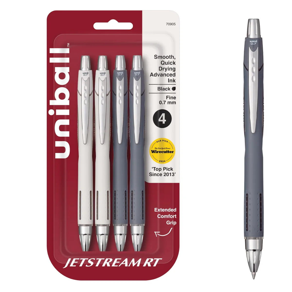 Four black retractable ballpoint pens with stainless steel accents and embossed grips