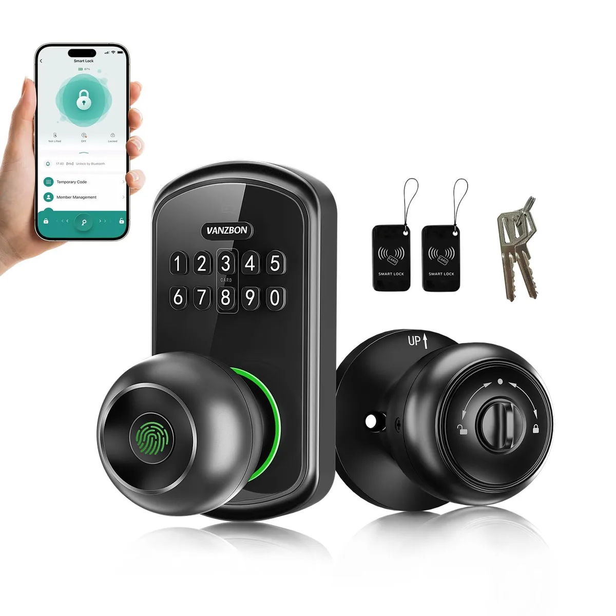 Twelve black zinc smart door knobs with keypads and handles in a pack