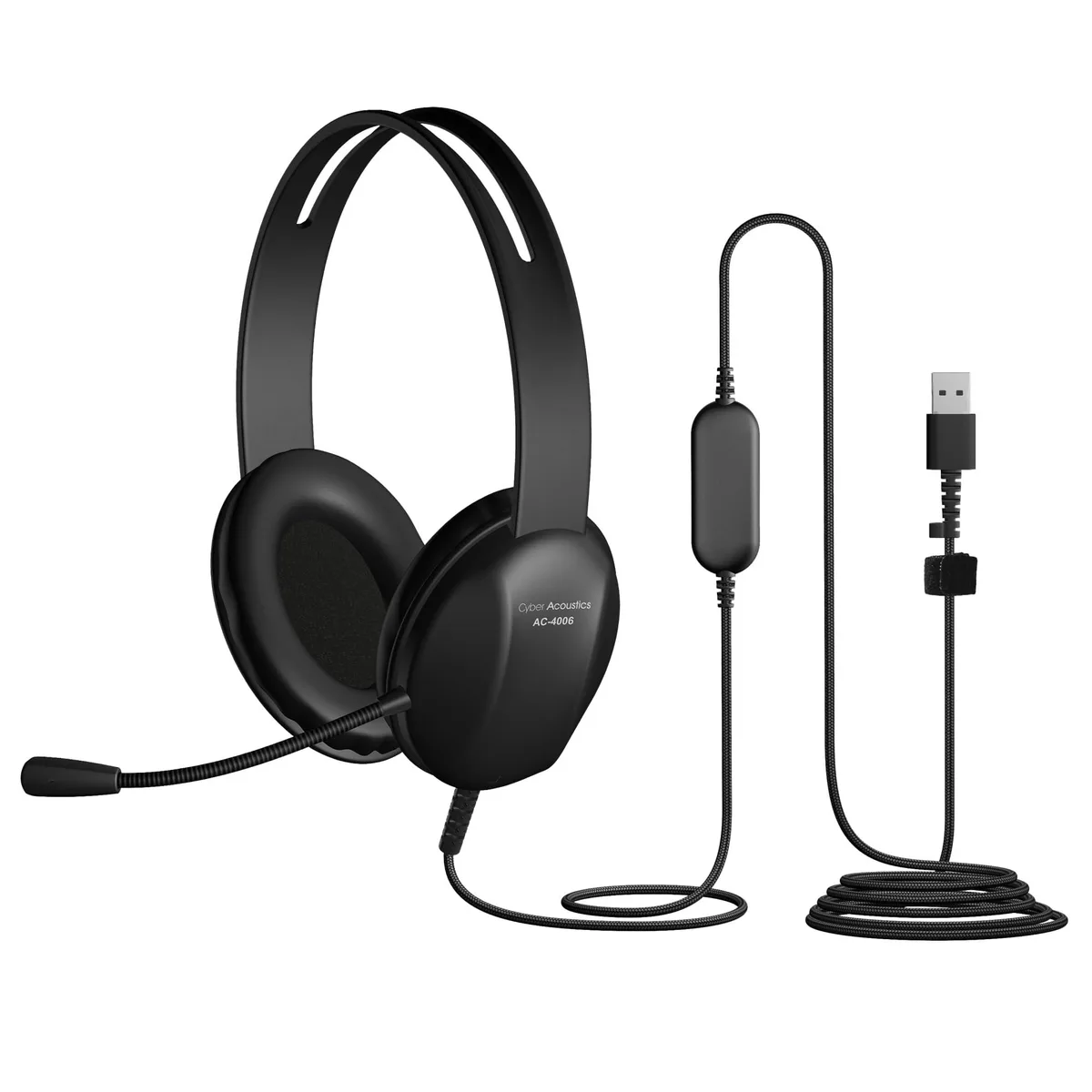 On-ear USB headset with adjustable headband, leatherette ear pads and flexible boom microphone