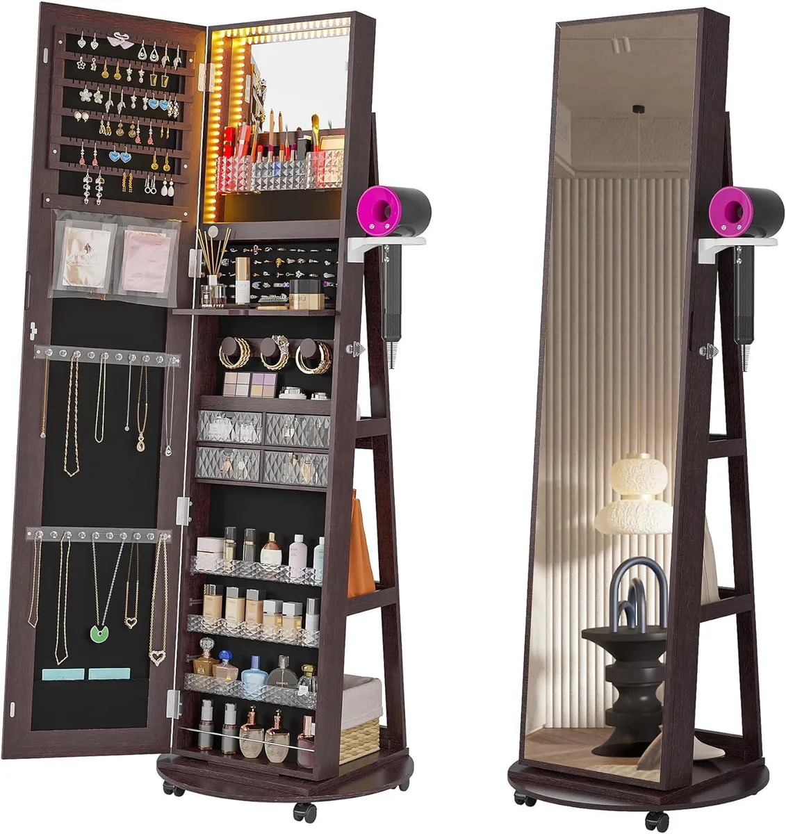 Tall brown swivel jewelry armoire with full-length mirror and lockable wheels