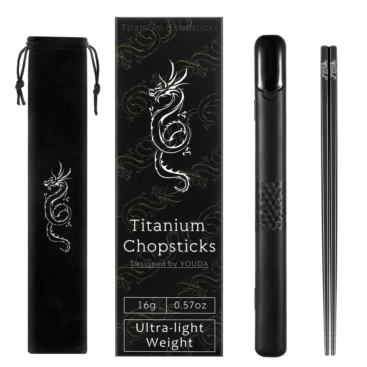 Pair of black titanium chopsticks in a black carrying case