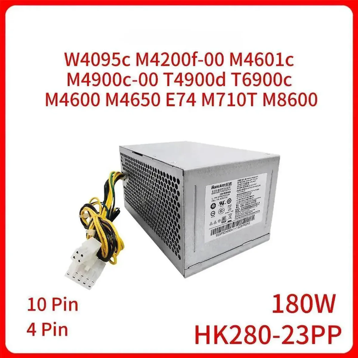 Compact black TFX power supply with side-mounted 10-pin and 4-pin connectors, cooling fan grille and AC inlet visible