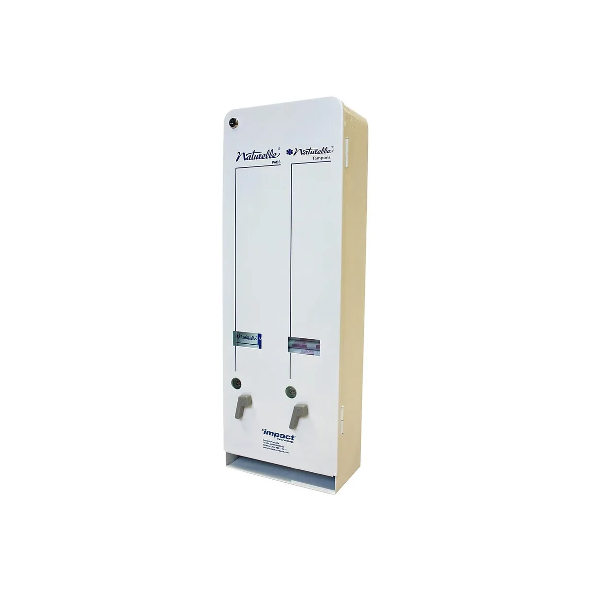 Impact Products, LLC. Impact Products, LLC. 25191000 bath feminine dual dispenser white enamel 25-cent coin ADA 30.5H 10.63W 5.63D — product photo
