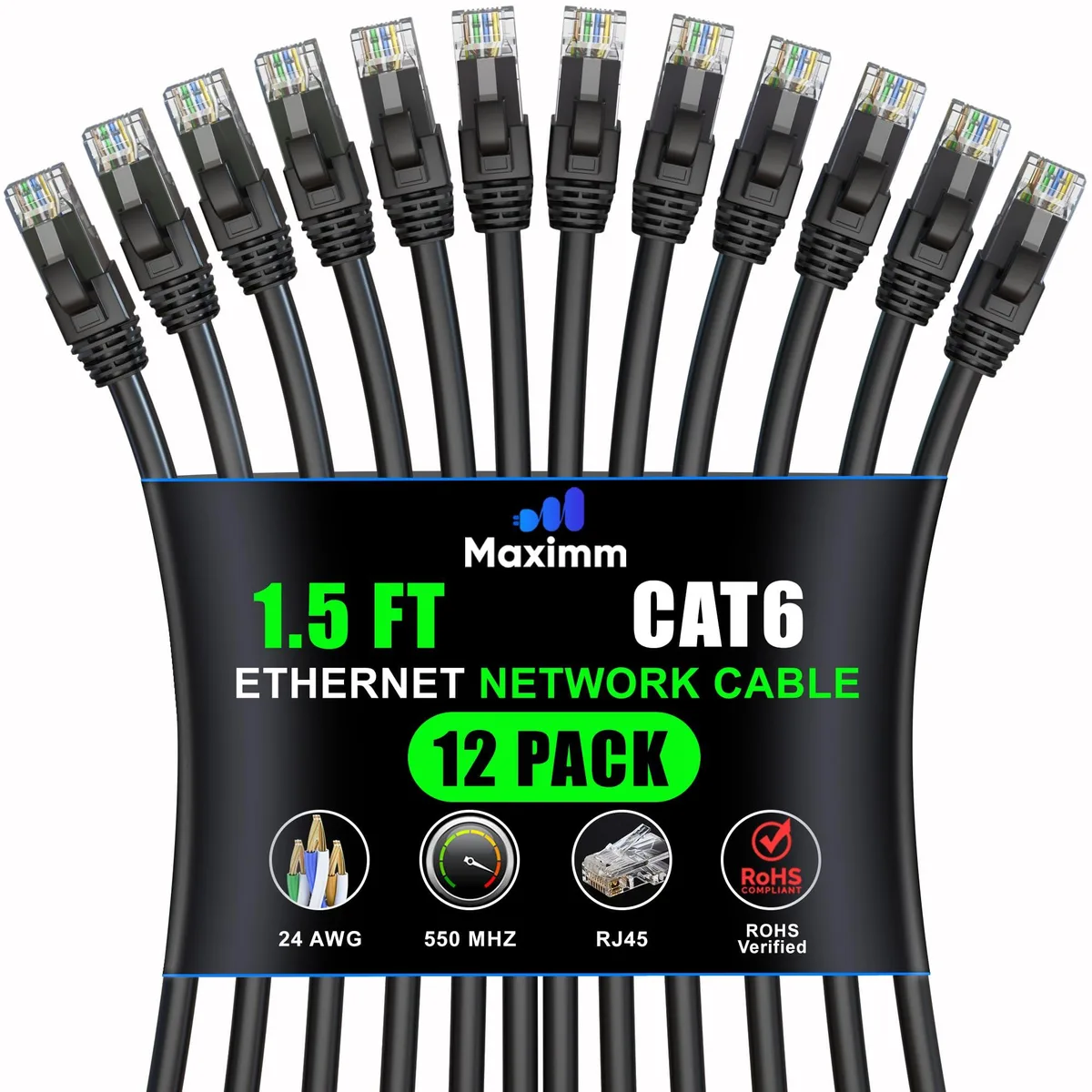 Twelve short black round Cat 6 patch cables with gold RJ45 connectors and snagless boots