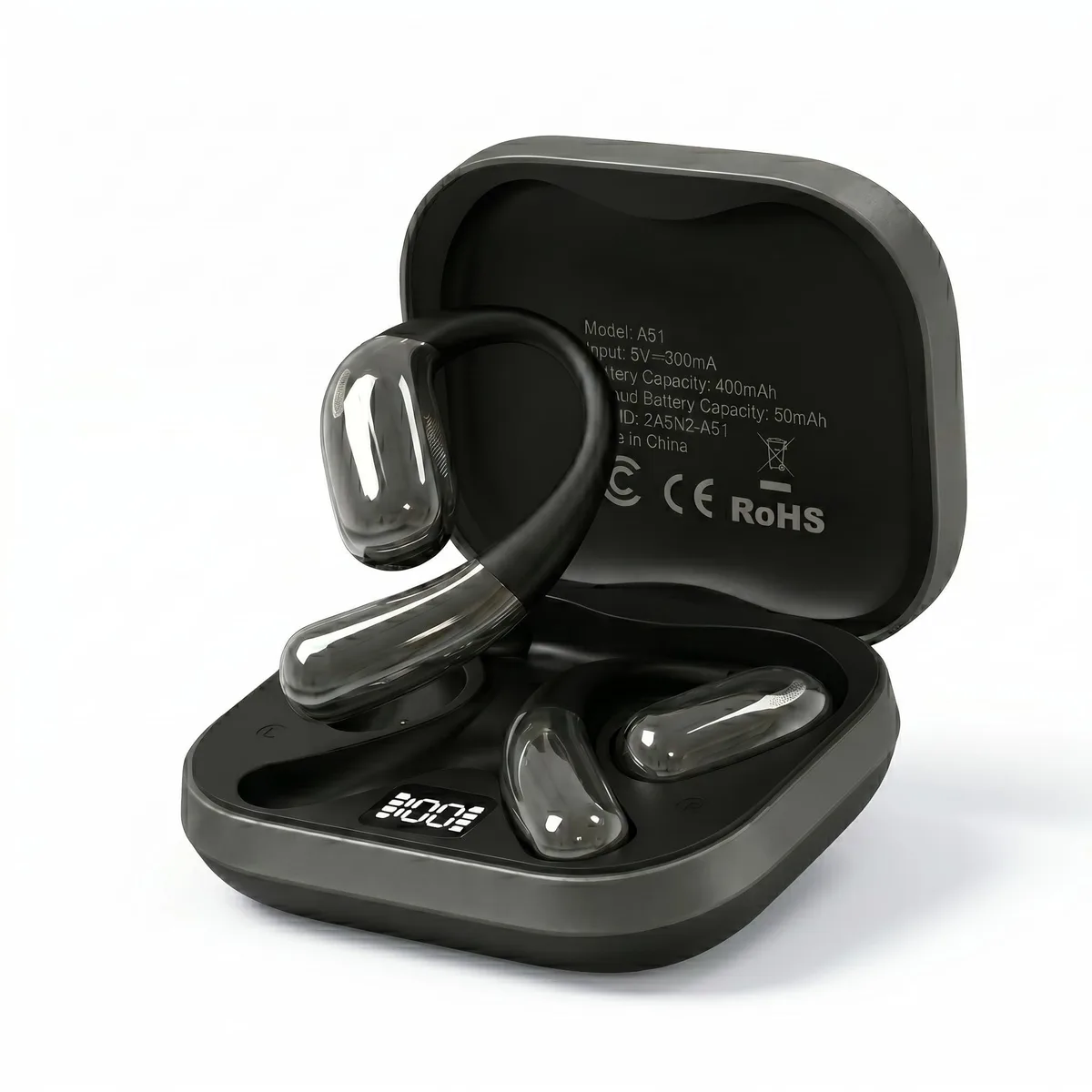 Black open-ear headphones with ear hooks and charging case showing LED display