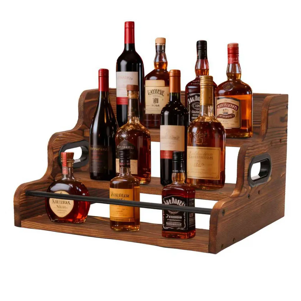 Three-tier stainless steel bottle display shelf, rectangular frame, holds thirty bottles