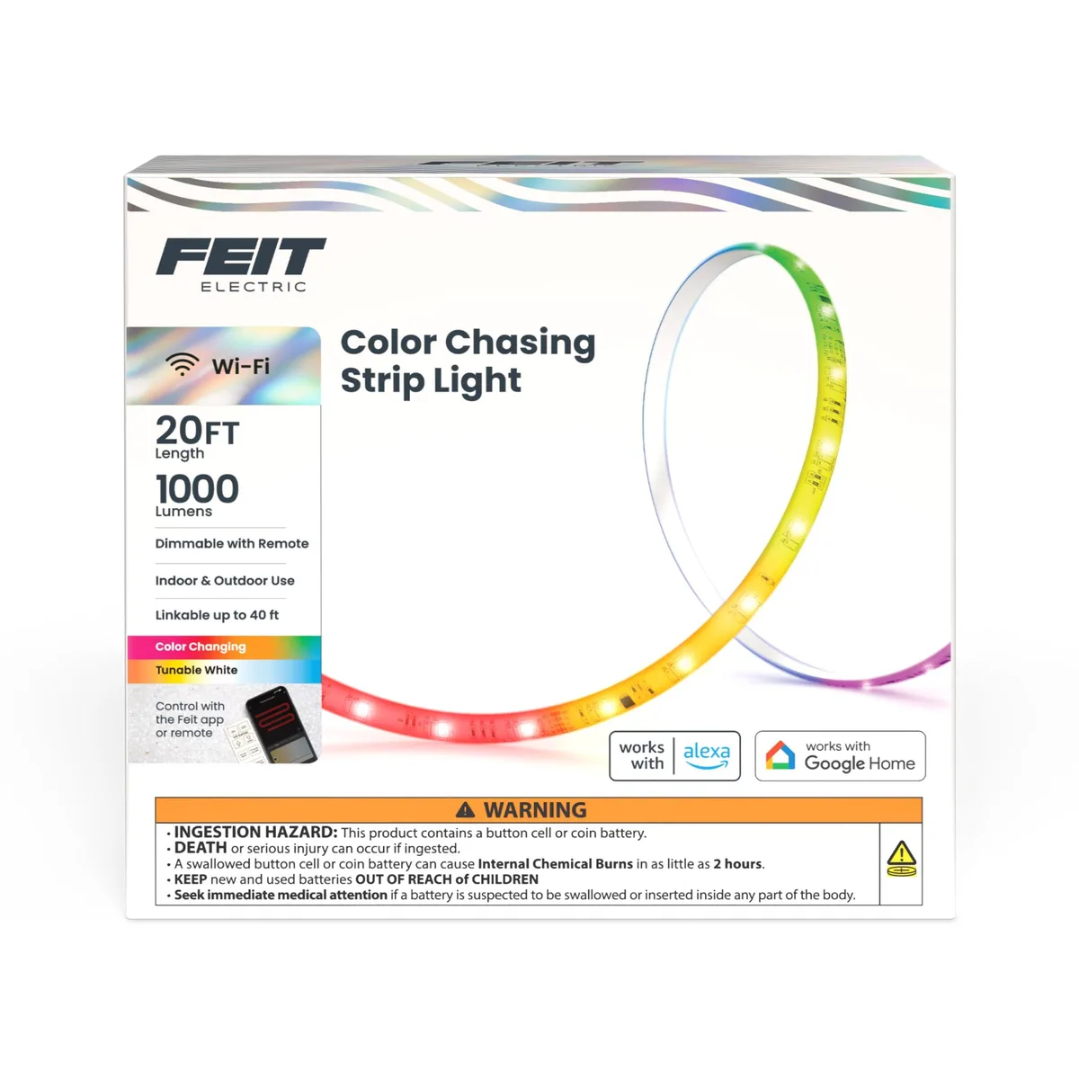 White flexible LED tape light on a reel, 20 feet long, 10 mm wide, plug-in power