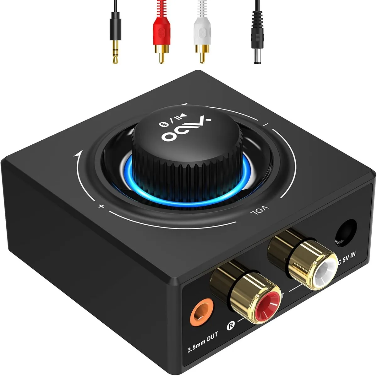 Small black Bluetooth 5.3 receiver with central volume knob and RCA plus 3.5mm outputs