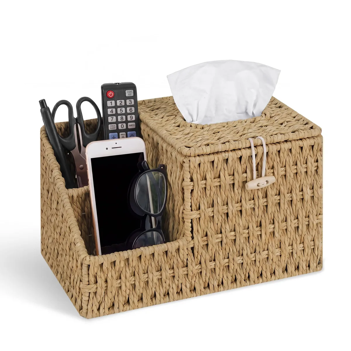 Red woven paper rope square tissue box cover with dual compartments and elastic closure