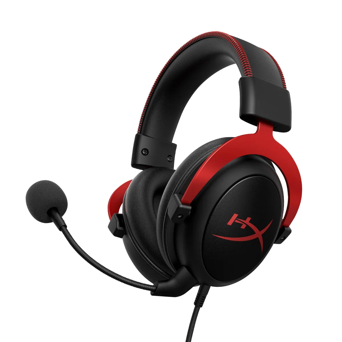Red over-ear gaming headset with memory foam cushions and aluminium frame