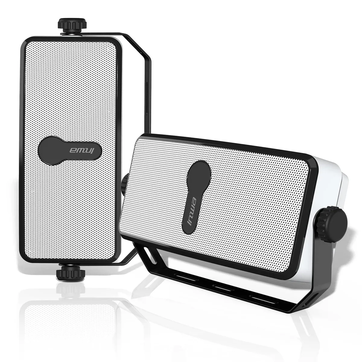 Pair of black ABS outdoor speakers with 6.5 inch drivers, wall-mount design