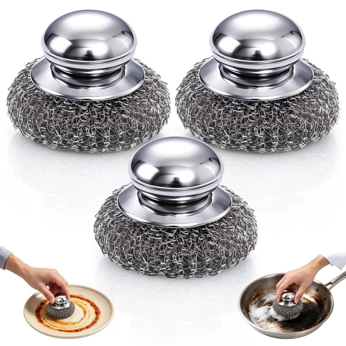 Three stainless steel wool scrubbers with plastic handles