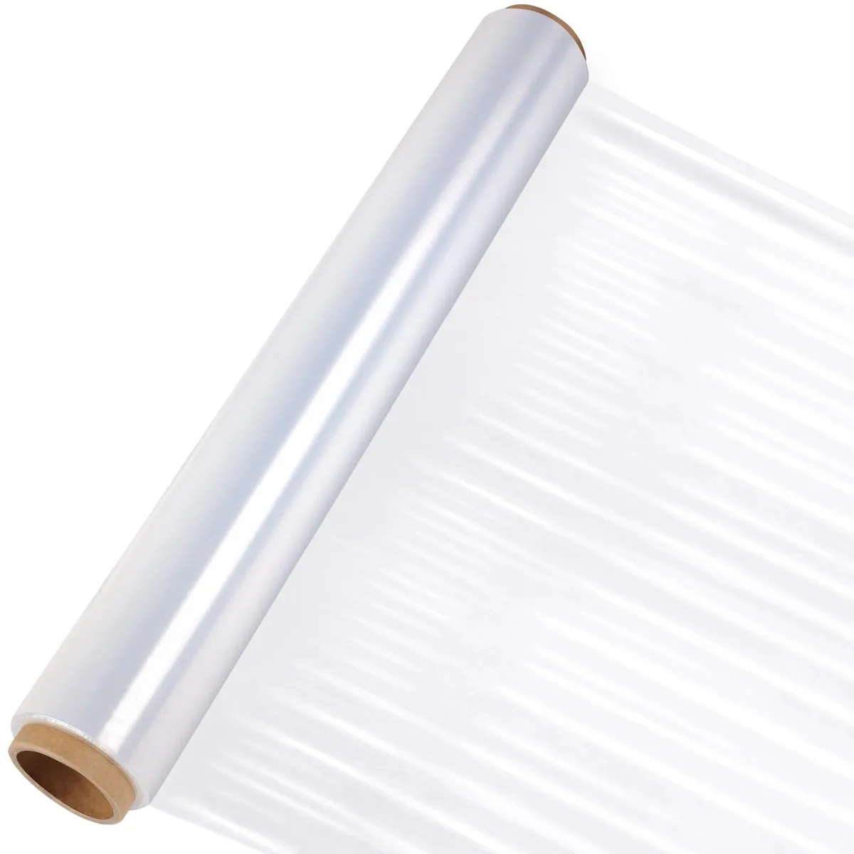 Clear stretch film roll on a cardboard core, 15 inches wide, transparent plastic wound tightly