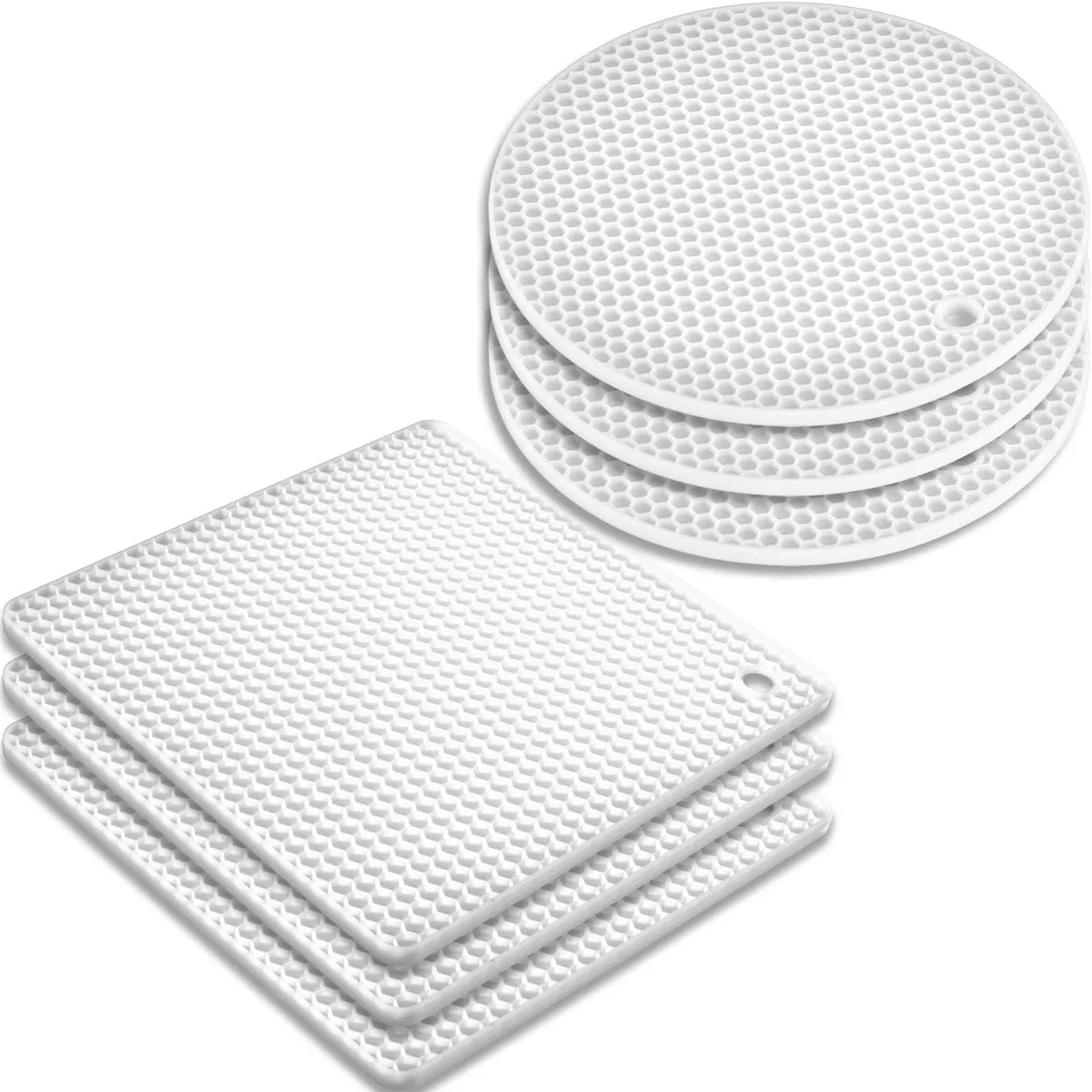 Six white silicone trivets, square and round, 18 cm, .6 cm thick
