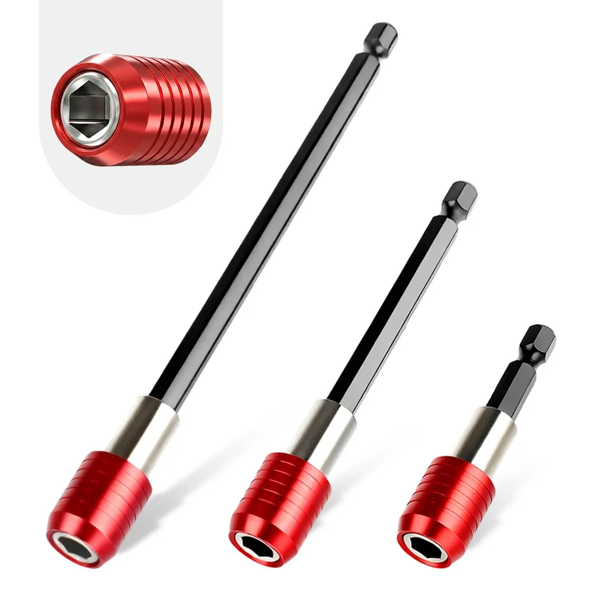 Three black oxide steel bit extensions, 60 100 150 mm lengths, 1/4 hex shanks