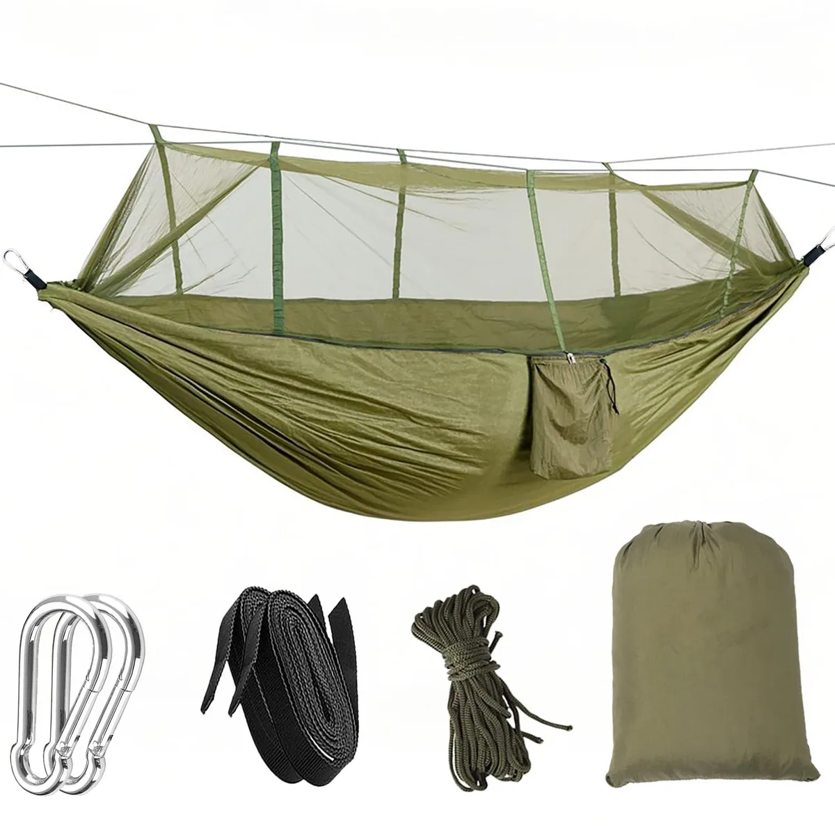 Green nylon camping hammock with integrated mosquito net and attached stuff sack