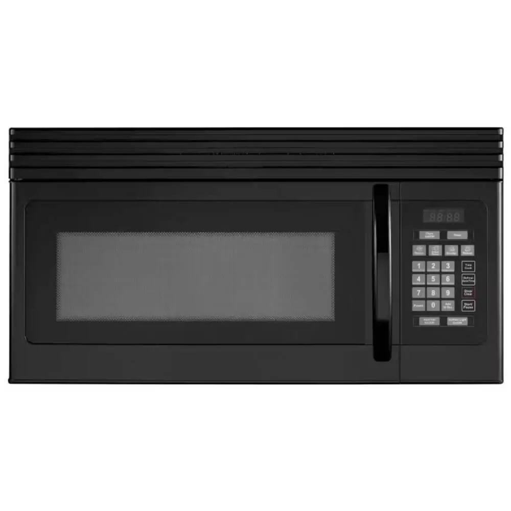 Black over-the-range microwave with glass door and control panel
