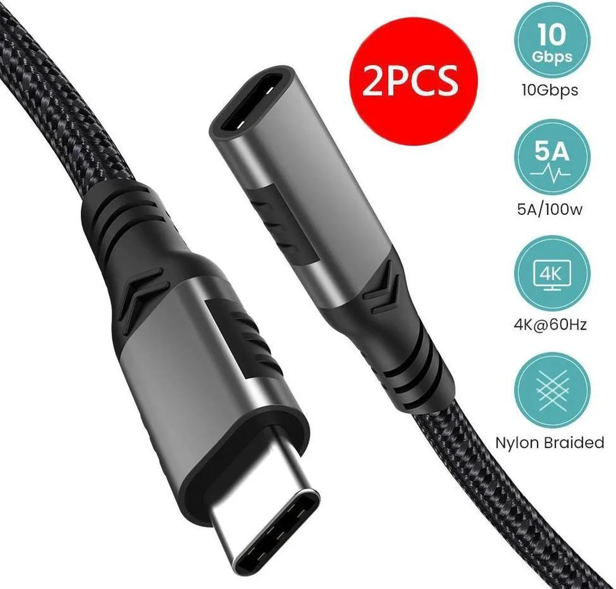 SMUGDESK SMUGDESK USB C Extension Cable Male to Female 1.6ft 100W 10Gbps 4K 60Hz Grey 2 Pack — product photo