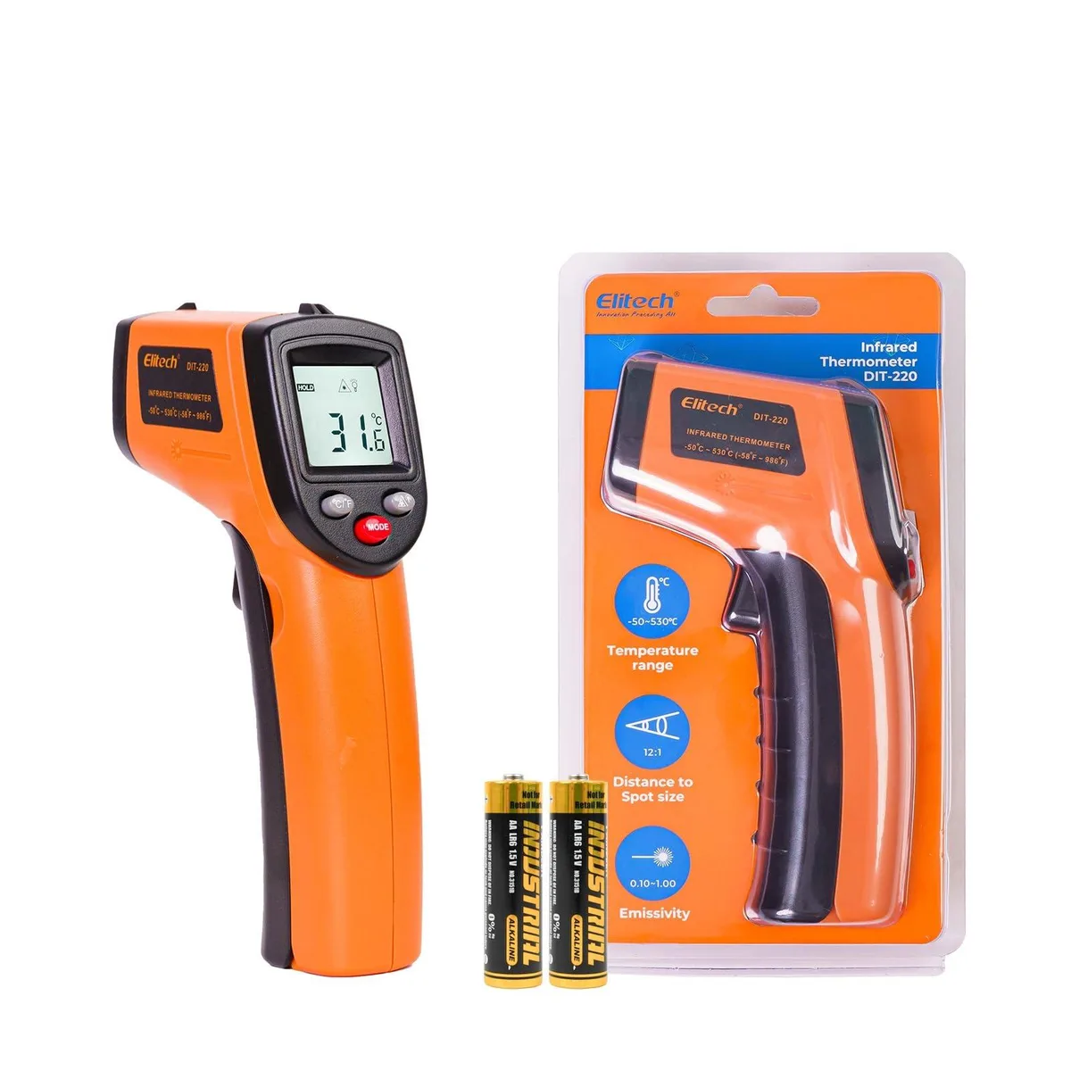 Orange handheld infrared thermometer with laser targeting and backlit LCD display
