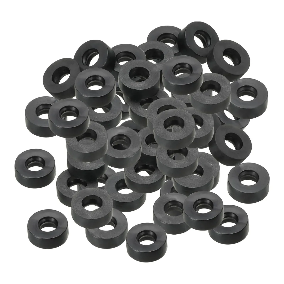 Forty small black rubber washers in a pack