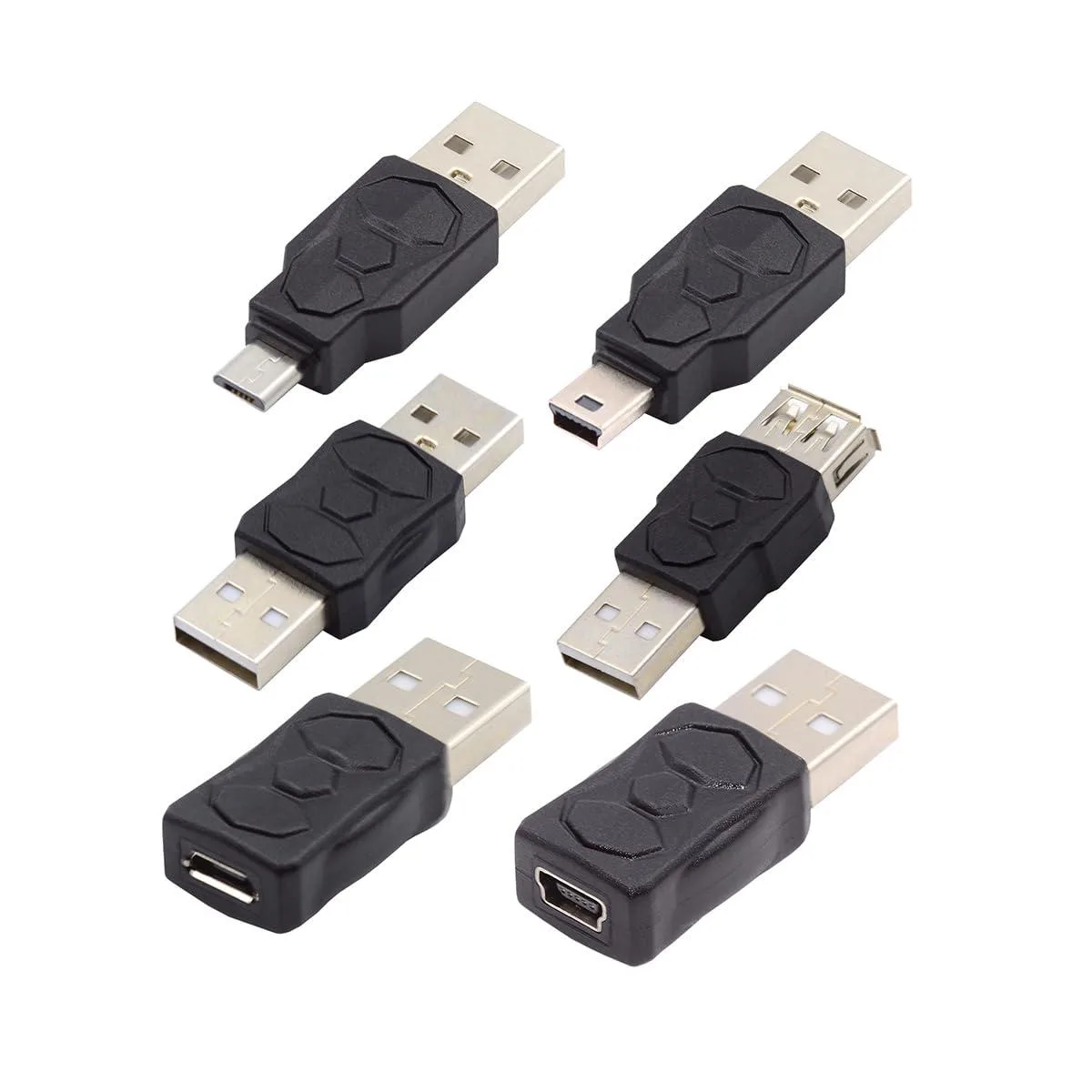 Five small USB adapters with Type-A female ports and various male and female mini and micro connectors