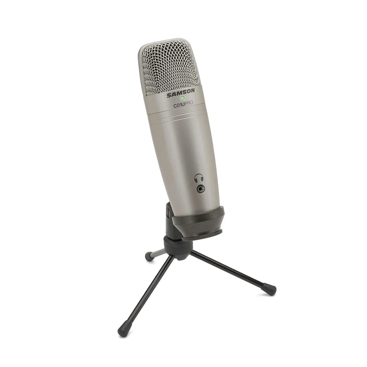 Silver cylindrical USB condenser microphone on desktop stand