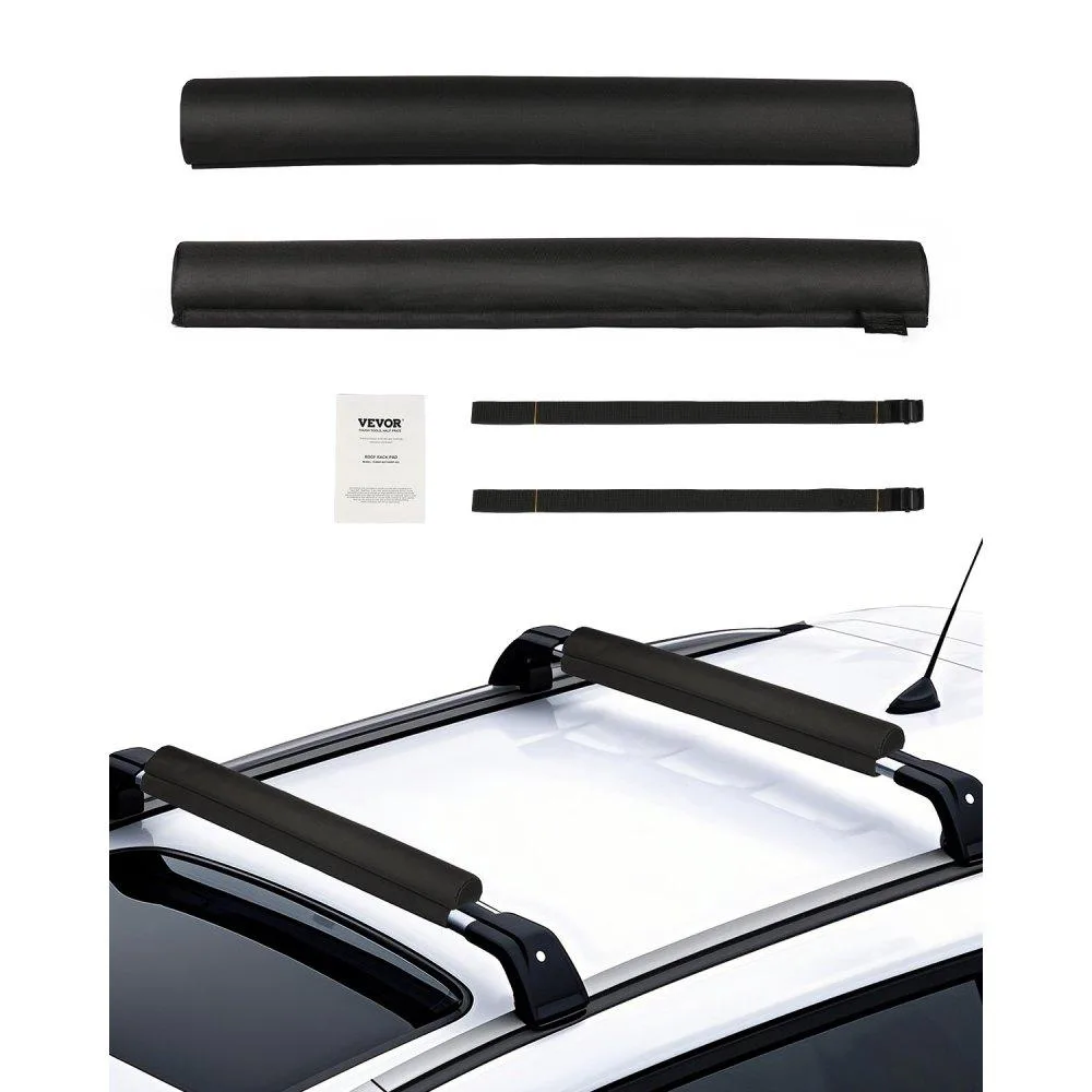 Black roof rack pads with tie-down straps, 28 inch length, 4.33 inch width