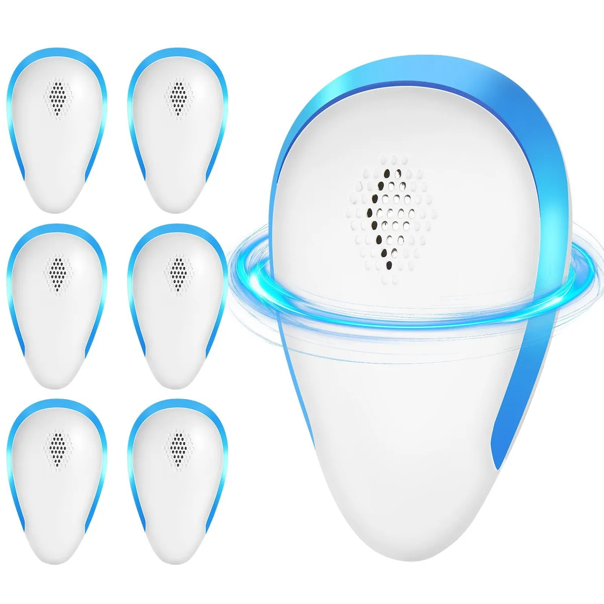 Six white plug-in ultrasonic pest repellers side by side