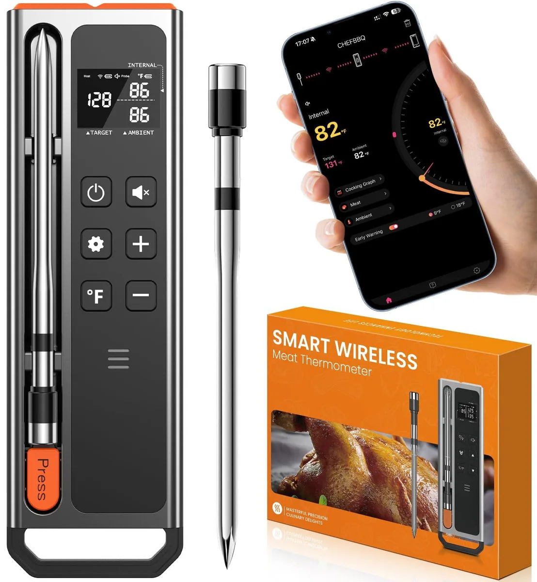 A black wireless meat thermometer probe and display base with 316 stainless steel finish