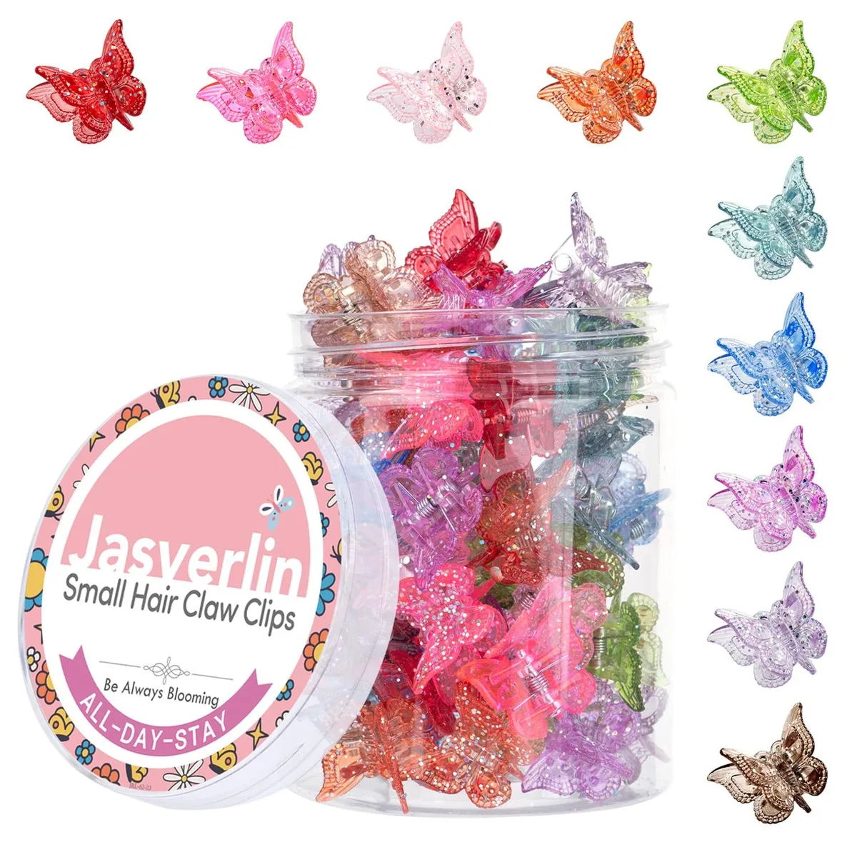 Fifty glitter butterfly claw clips in ten colours, mini plastic and metal design