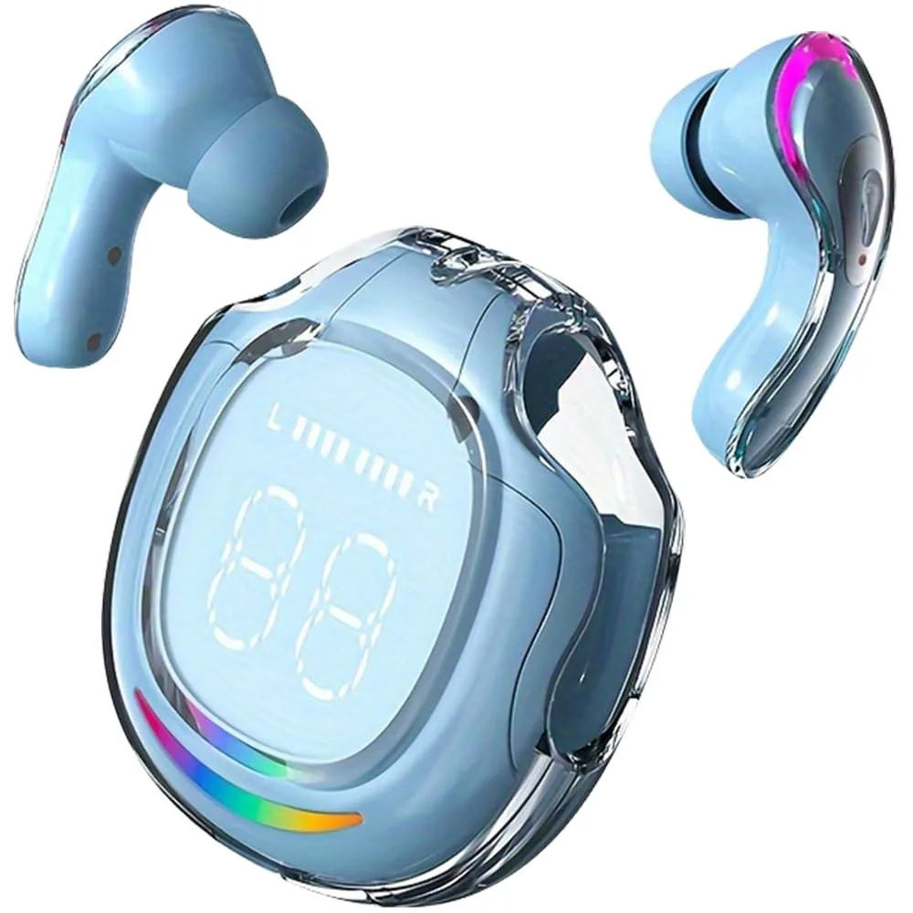 Blue in-ear wireless earbuds with charging case