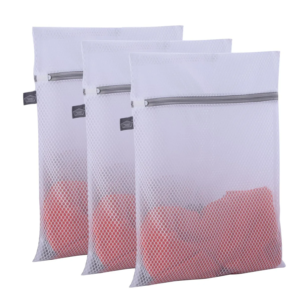 Beige mesh laundry bag with grey zipper, 10 by 12 inches, set of three