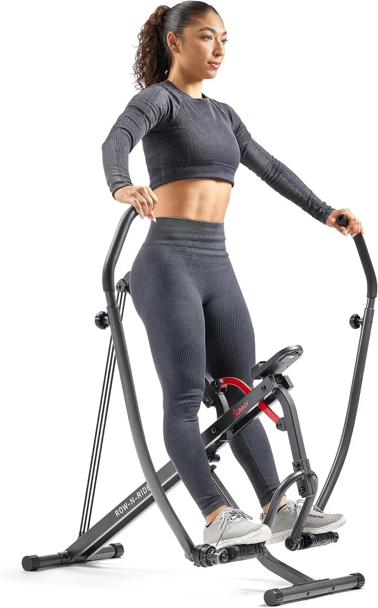 Compact rowing machine with split handlebars and long rail
