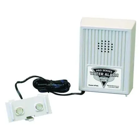 White rectangular water alarm unit with front sensor contacts and mounting slots