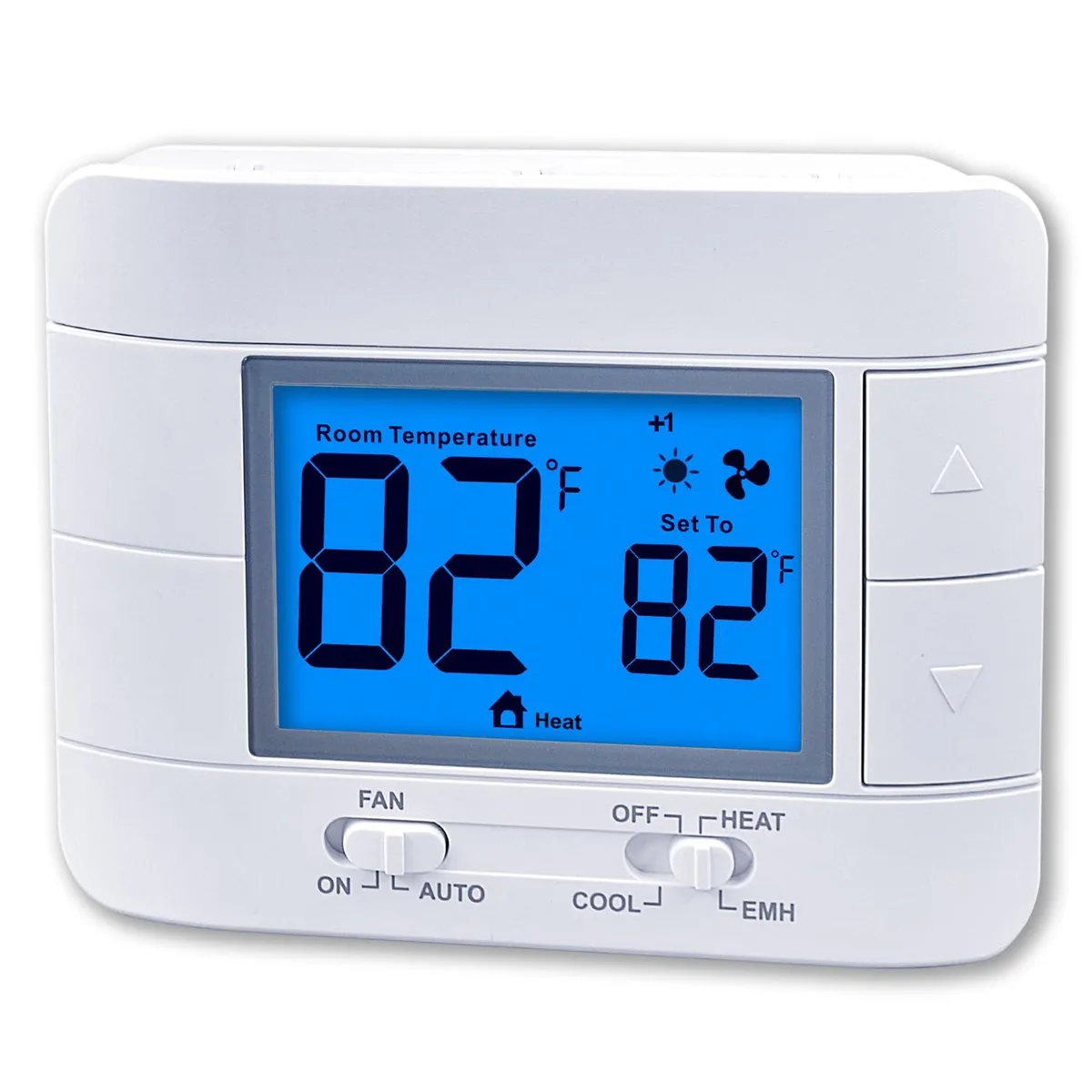 Twelve white rectangular wall thermostats with blue LCD screens showing temperature and humidity