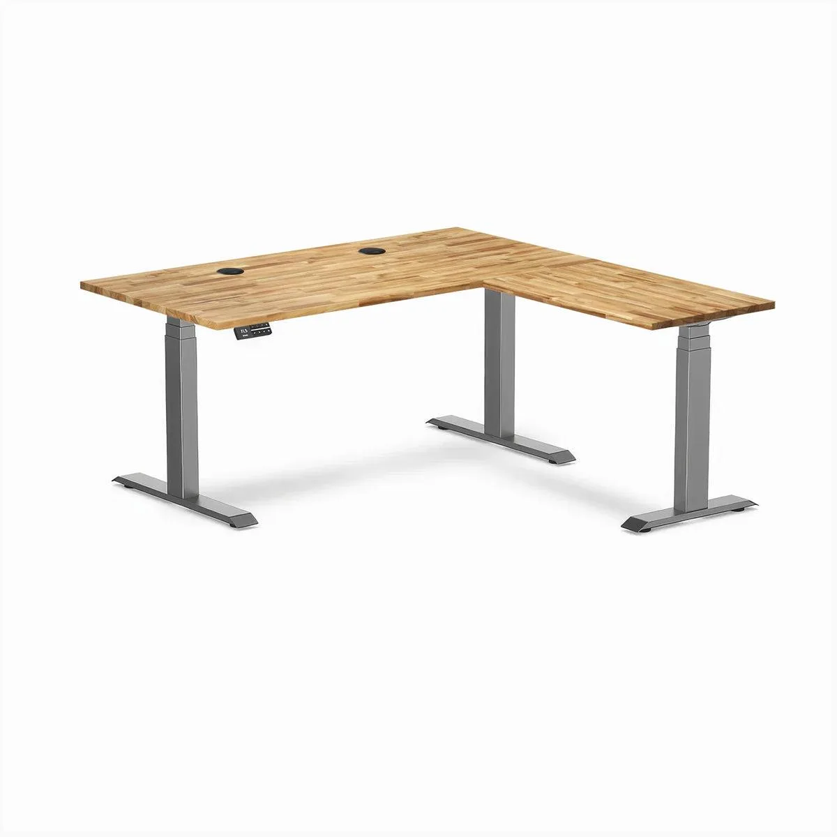 Desky Desky Hardwood L-Shape Sit Stand Desk Acacia 60 x 30 x 62 x 20 in Space Gray office furniture — product photo