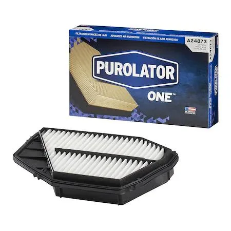 White rectangular PurolatorONE air filter with pleated media and black rubber seal, model A24873