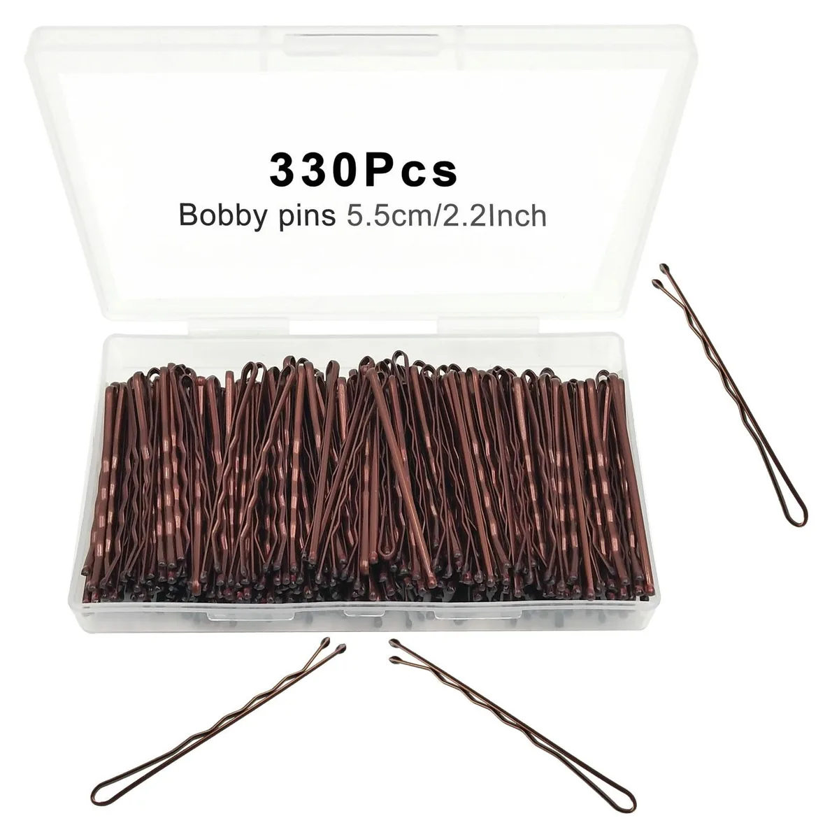 Clear plastic box holding 330 brown metal hair pins with rounded tips